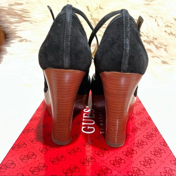 Guess by Marciano Black Suede G-Rice Platform Peep Toe Wedge Sandals Size 8 - Picture 6 of 7